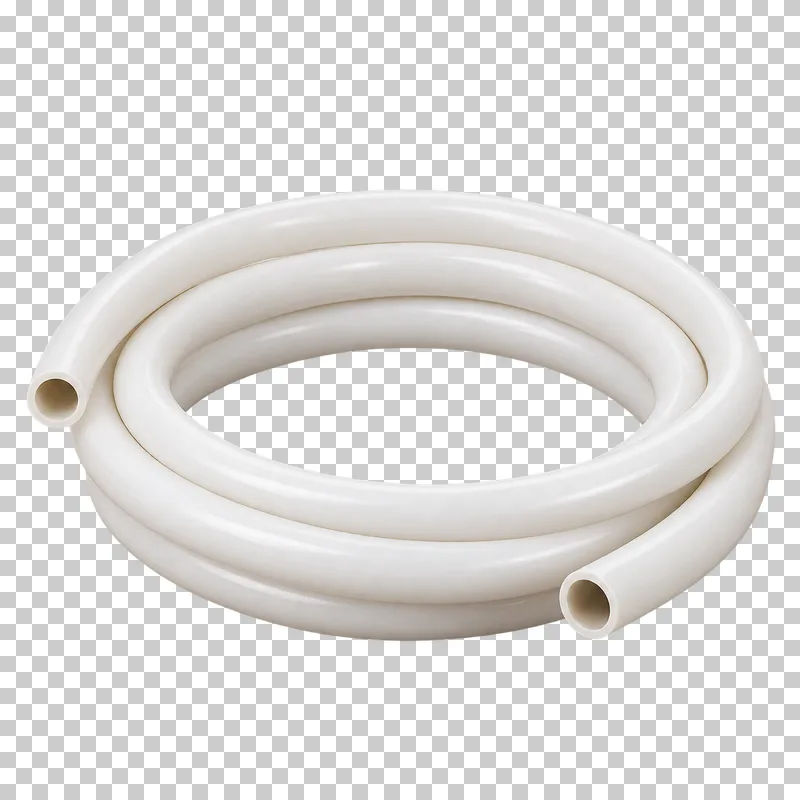 A loosely coiled white PEX tube with two visible ends, no printed markings or ties.