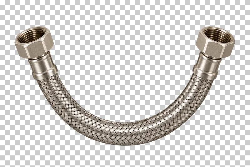 A stainless-braided flexible hose in a shallow U, with coherent swivel nuts at both ends.