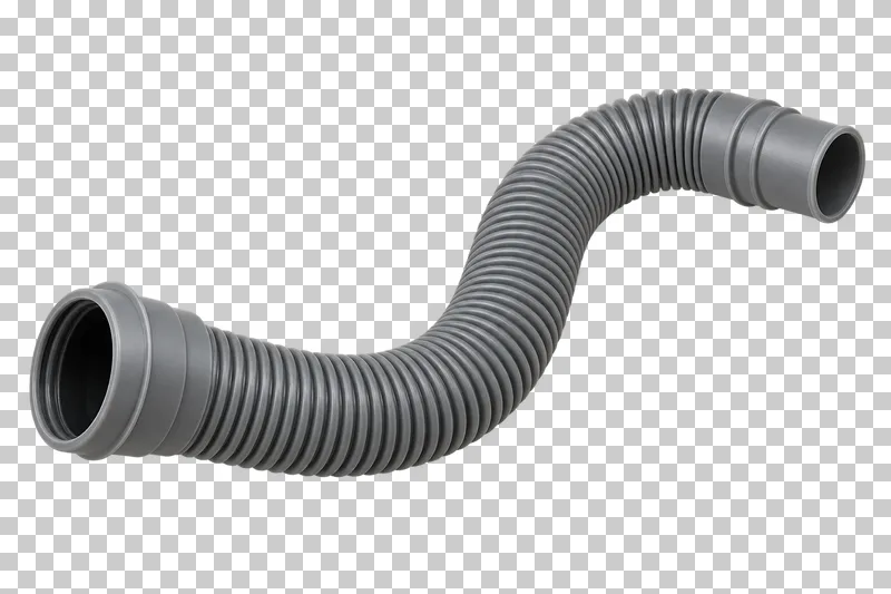 A gray corrugated appliance drain hose, loosely curved, with its molded end cuffs.