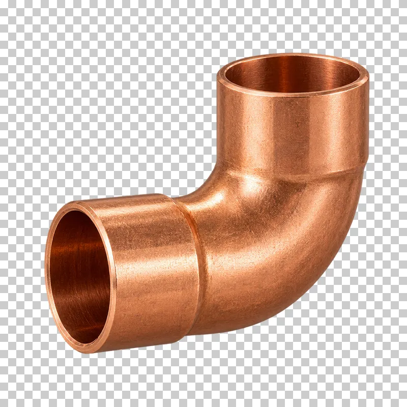 A copper solder-socket 90-degree elbow with two clear sockets and a continuous bend.