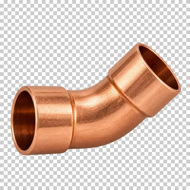 A copper solder-socket 45-degree elbow with a visibly shallower bend.