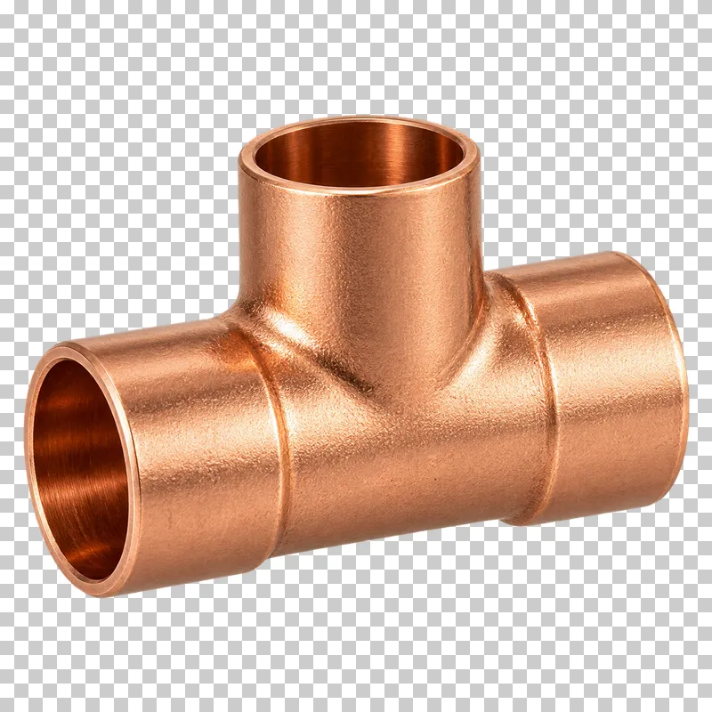 A copper solder-socket tee with three equal-diameter sockets and a coherent junction.