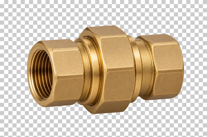 A complete brass pipe union with its large central hexagonal union nut and aligned end connections.