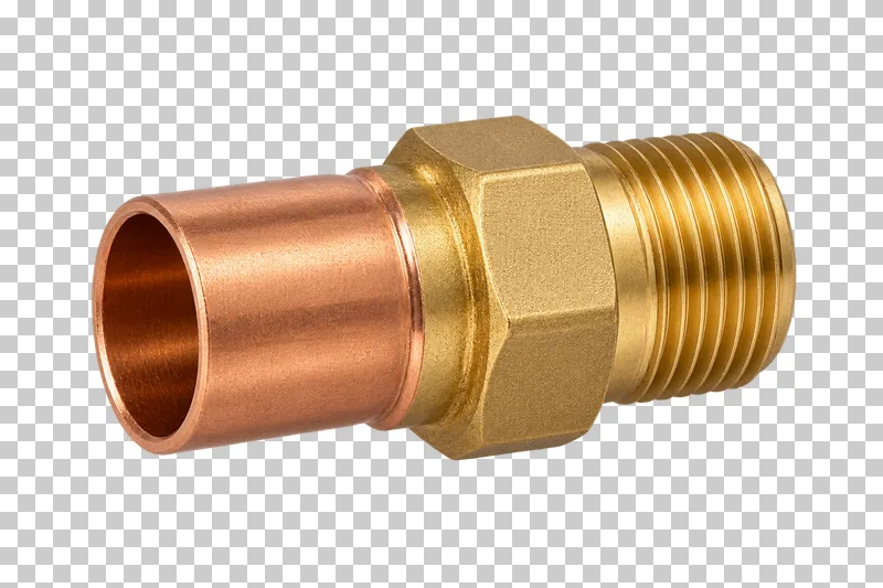 A adapter with a copper solder socket and a brass male-threaded end separated by wrench flats.