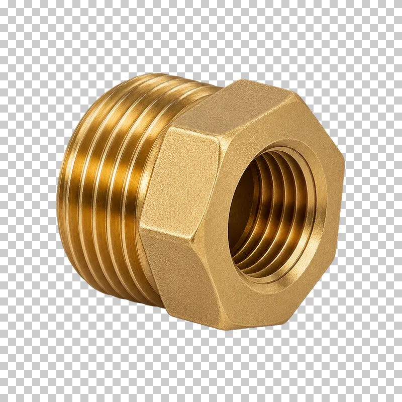 A brass hexagonal bushing with external male threads and a smaller internal threaded opening.