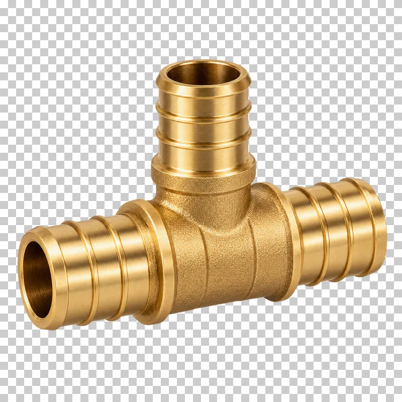 A brass three-way PEX tee with three visible barbed ends, no attached pipe or loose rings.