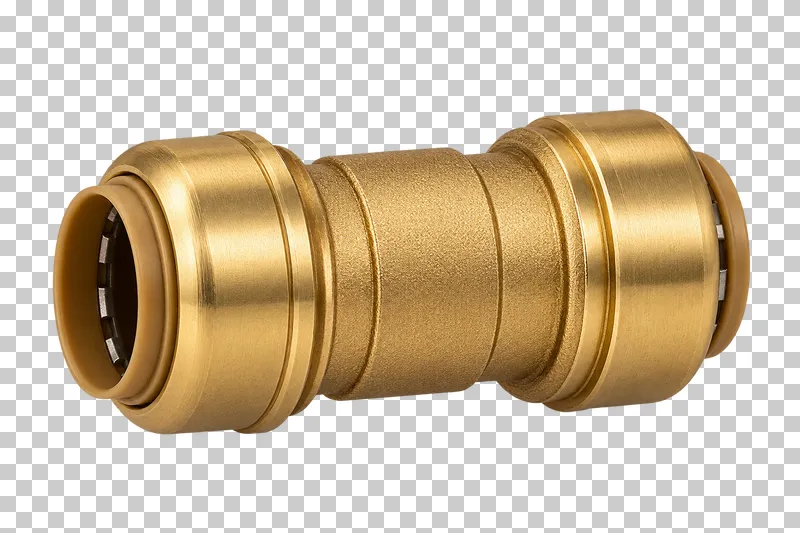 A generic brass straight push-fit coupling with two engineered collar mouths, no logo or distinctive brand styling.