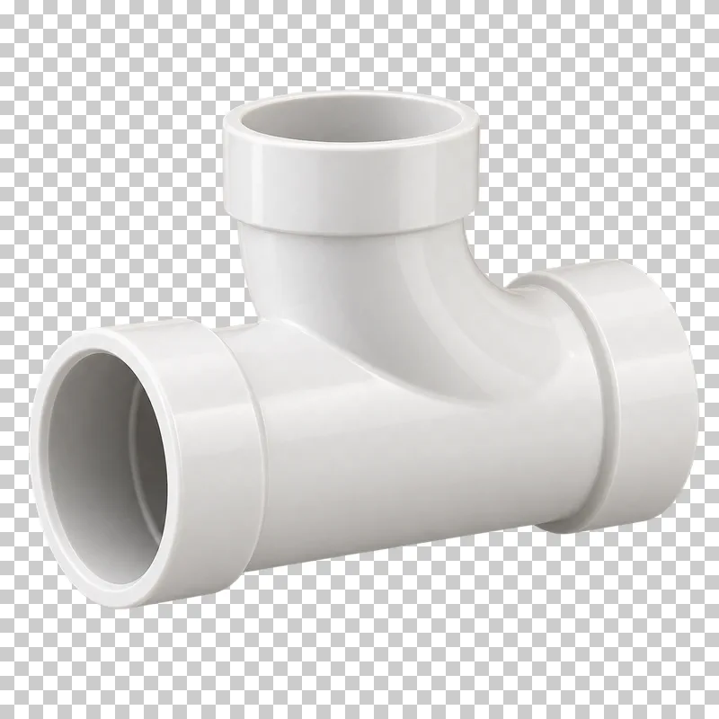 A white PVC sanitary tee with a swept branch entering a straight main run, three open sockets.