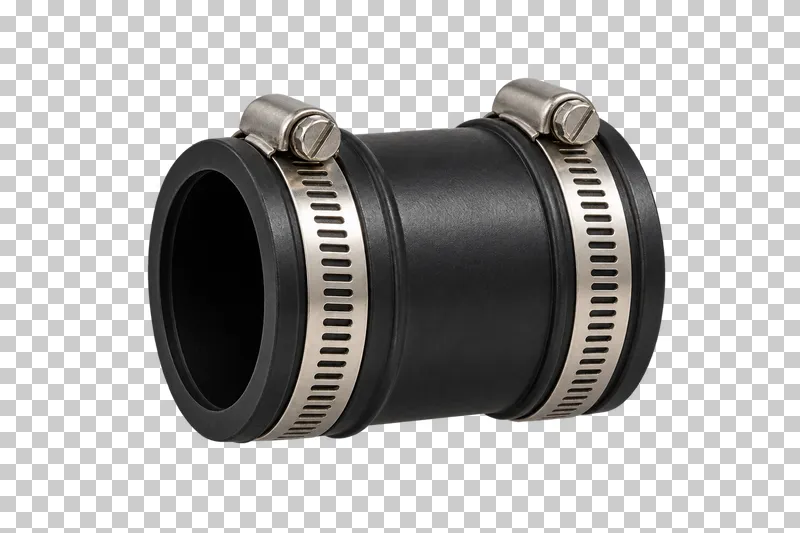 A short black rubber drain coupling with two integral stainless worm-drive bands, open ends and no pipe.