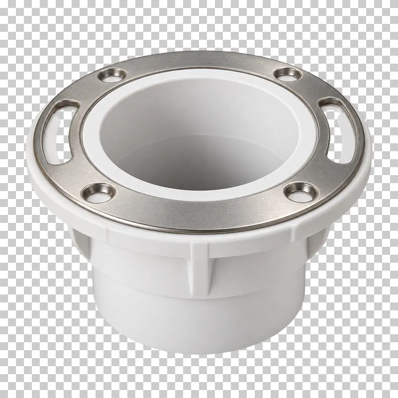 A white PVC closet flange with a metal mounting ring, center pipe opening and visible bolt slots, no fasteners.