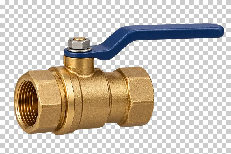 A complete generic brass inline ball valve with two female-threaded ports and a single matte dark-blue lever parallel to the body.
