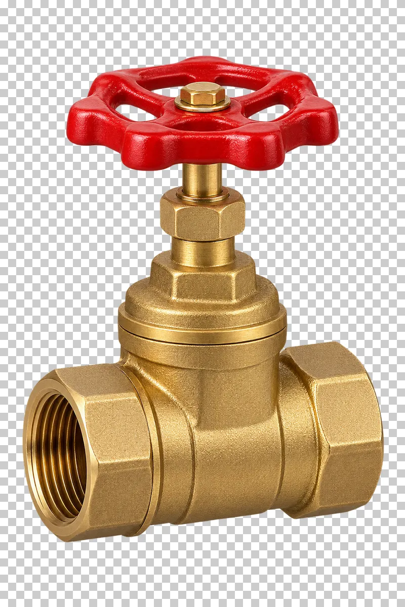 A complete brass inline gate valve with a raised bonnet, stem and circular red handwheel.
