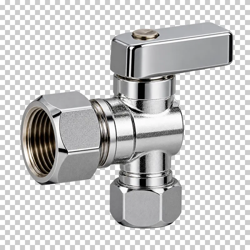A chrome-plated angle stop valve with perpendicular inlet and outlet, compact handle and compression nut.