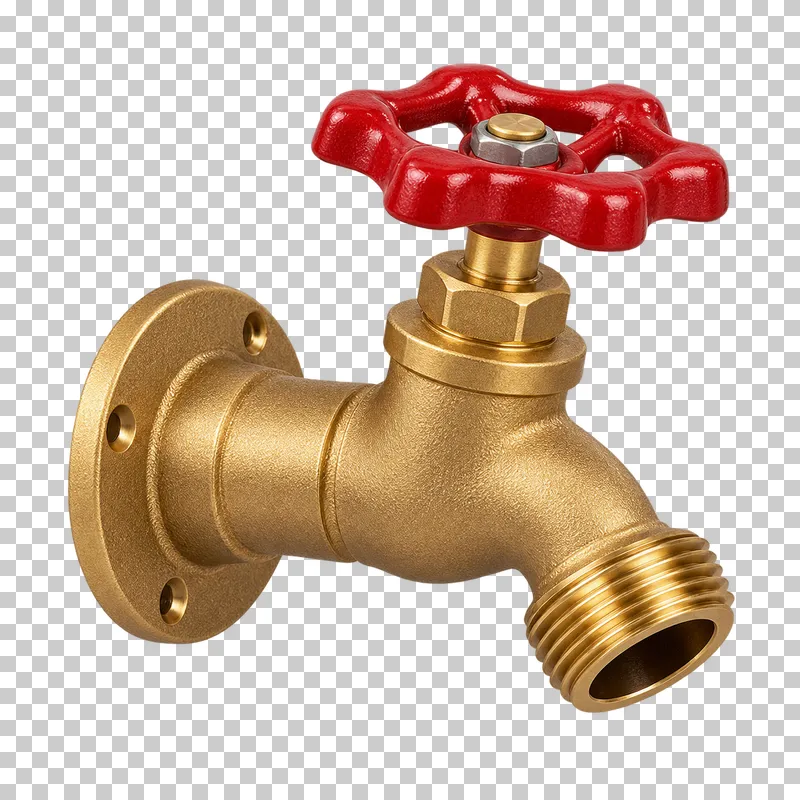 A brass wall hose bib with a back inlet, angled threaded hose outlet and attached handwheel.