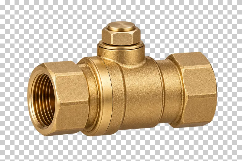 A brass inline check valve with a central service cap, two aligned threaded ports and no inscriptions.