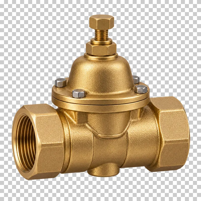 A compact brass pressure-reducing valve with a domed spring housing and top adjustment screw, aligned pipe ports.