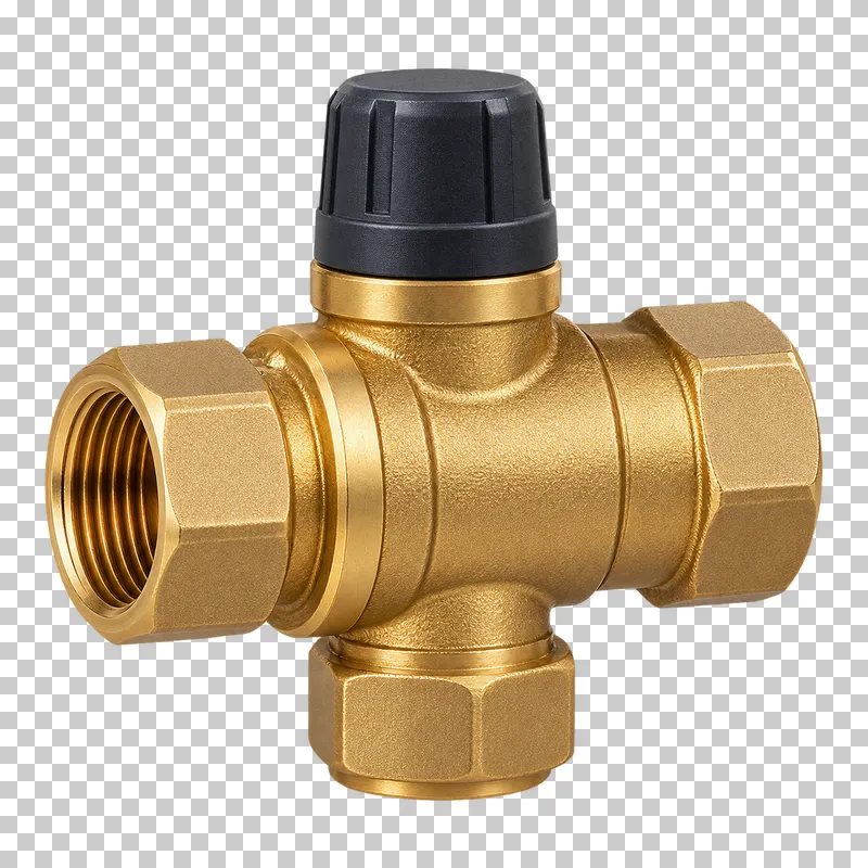 A generic brass three-port thermostatic mixing valve with a compact dark adjustment cap, no labels or numbers.