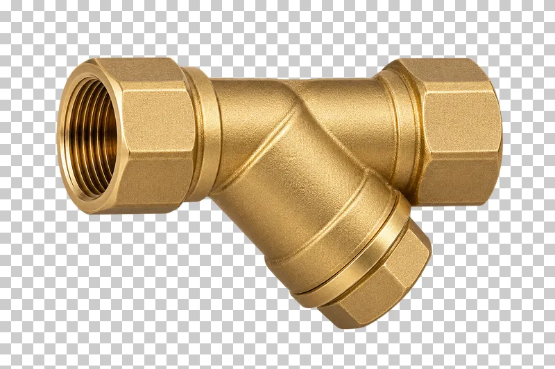 A brass Y-strainer with two aligned threaded ports and an angled filter chamber with its integral cap.
