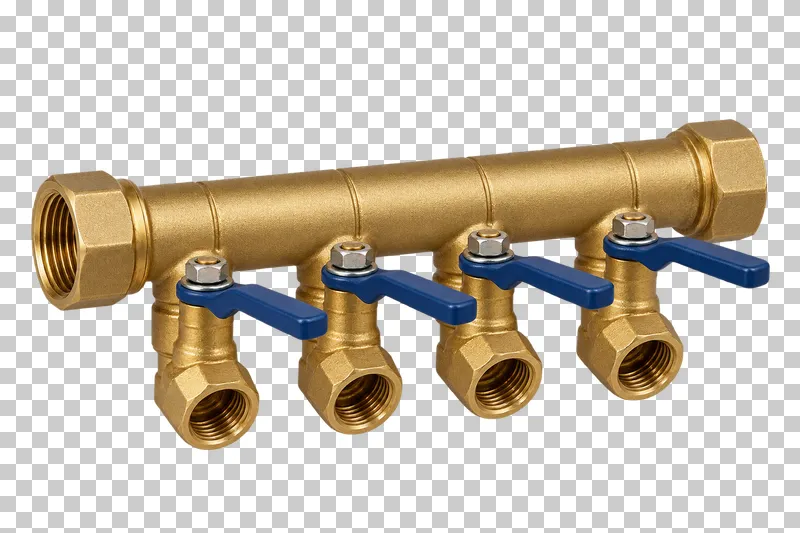 A horizontal brass water manifold with exactly four downward valved branches and four compact matched handles, complete main ends.