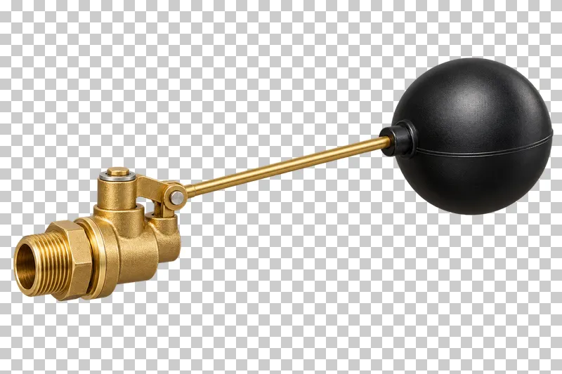 A complete generic brass float valve with a connected straight metal arm and a single hollow black float ball.