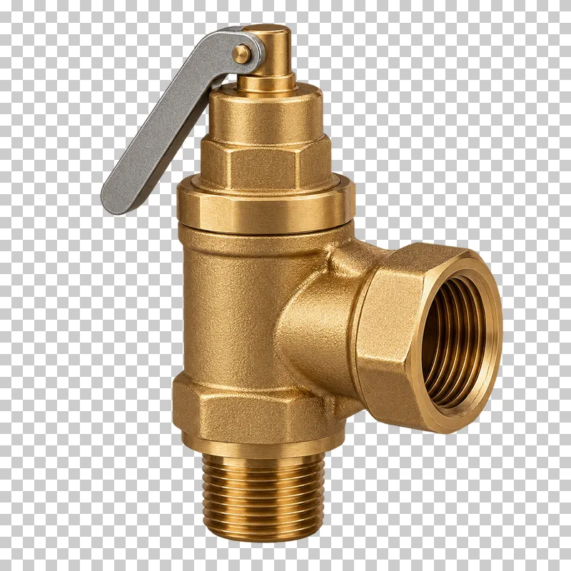 A brass pressure-relief valve with a top spring bonnet, a single small test lever and an angled discharge port.