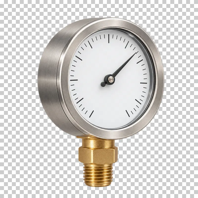 A compact round pressure gauge with brushed metal bezel, white face, a single black needle, fine unnumbered tick marks and one bottom brass threaded stem.