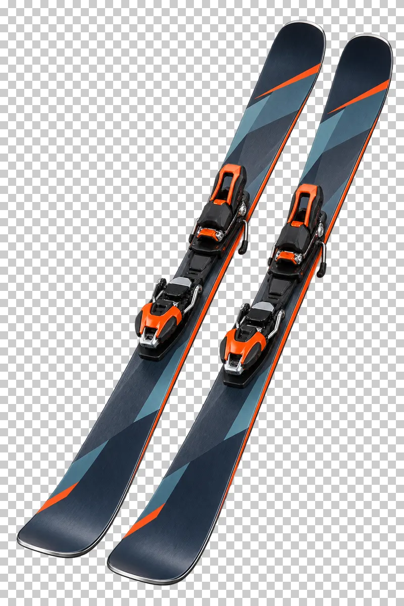 Parallel pair with complete upturned ends and sidecuts. Each ski carries connected front toe and rear heel binding units on a rail. Visible brake arms remain attached.