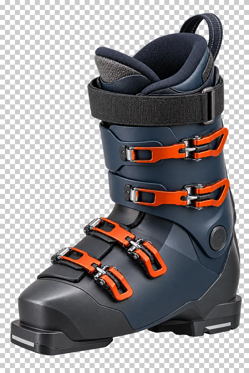 One rigid alpine shell and tall cuff, liner and power strap. Exactly four closure assemblies rest on the shell, with connected metal bails, plus separate rigid toe and heel interfaces.