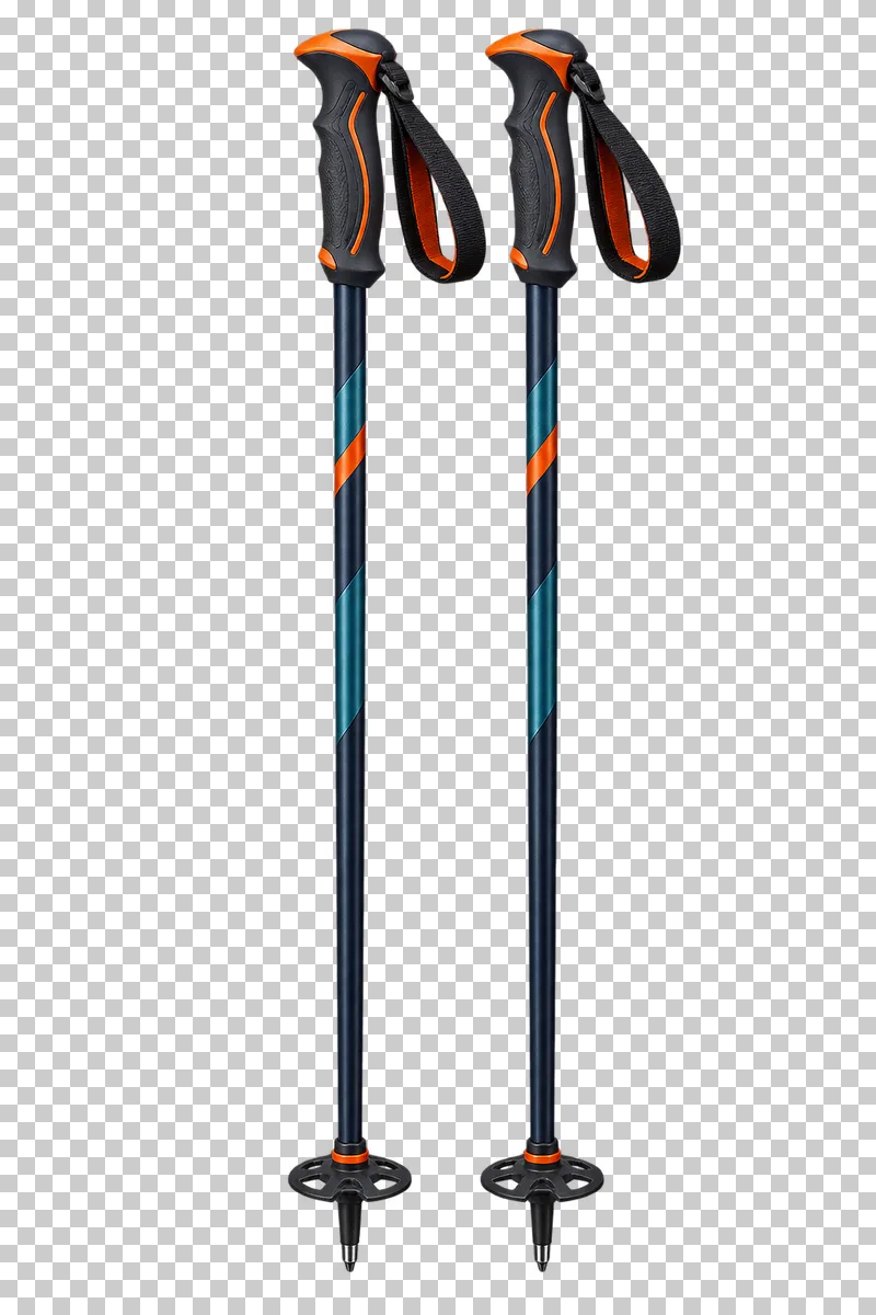 Exactly two straight poles, each with a complete grip, attached wrist loop, compact perforated basket and metal tip. Parallel, not crossed.