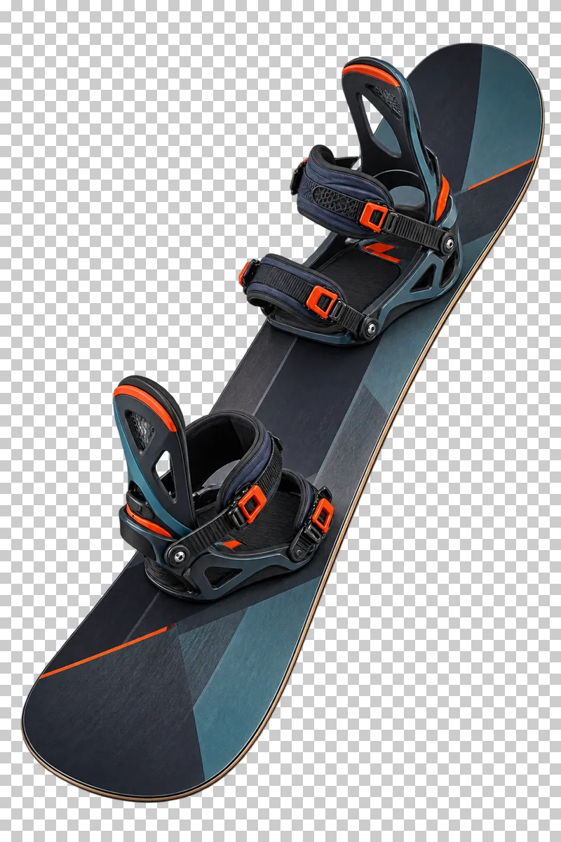 One broad twin-ended deck and exactly two mounted bindings. Each has an attached highback, ankle strap and toe strap connected to sidewalls/baseplate. Complete deck outline.