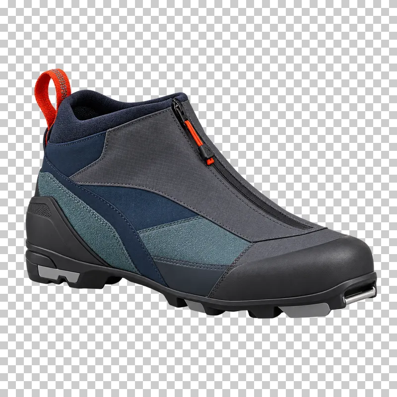 One low flexible Nordic touring boot with zip-covered instep and small visible metal toe bar, slim sole and short ankle collar.