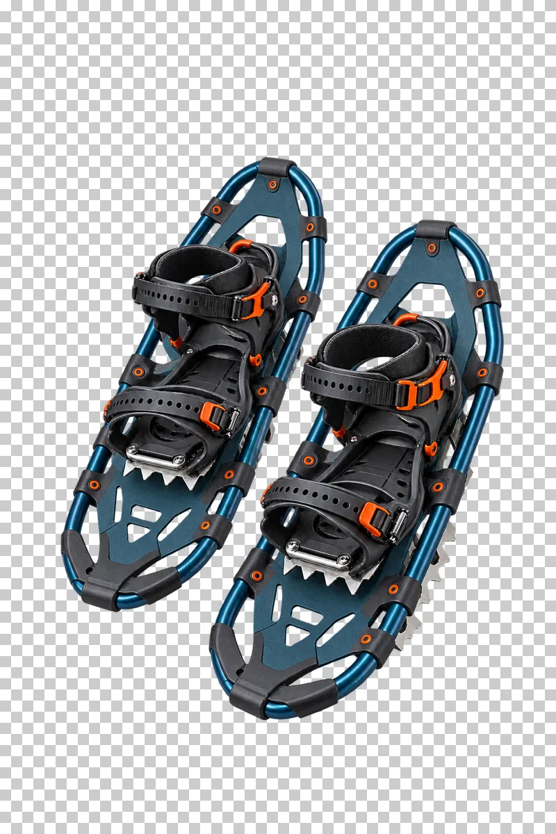 Exactly two framed broad-deck snowshoes, complete outlines, supported footbeds, attached forefoot and heel straps, visible traction plates and edge teeth.