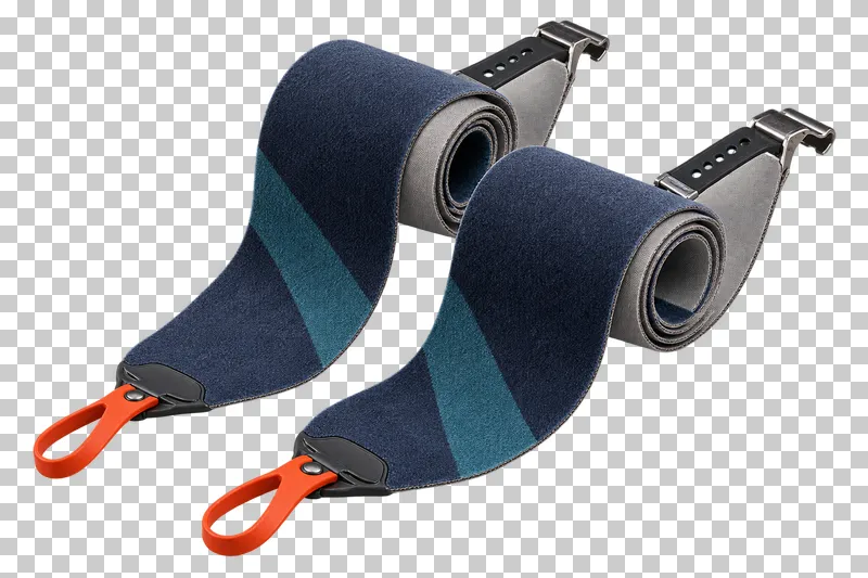 Exactly two broad fabric climbing-skin strips, each partly rolled with a tip loop and a tail strap/clip, not a sheet extraction.