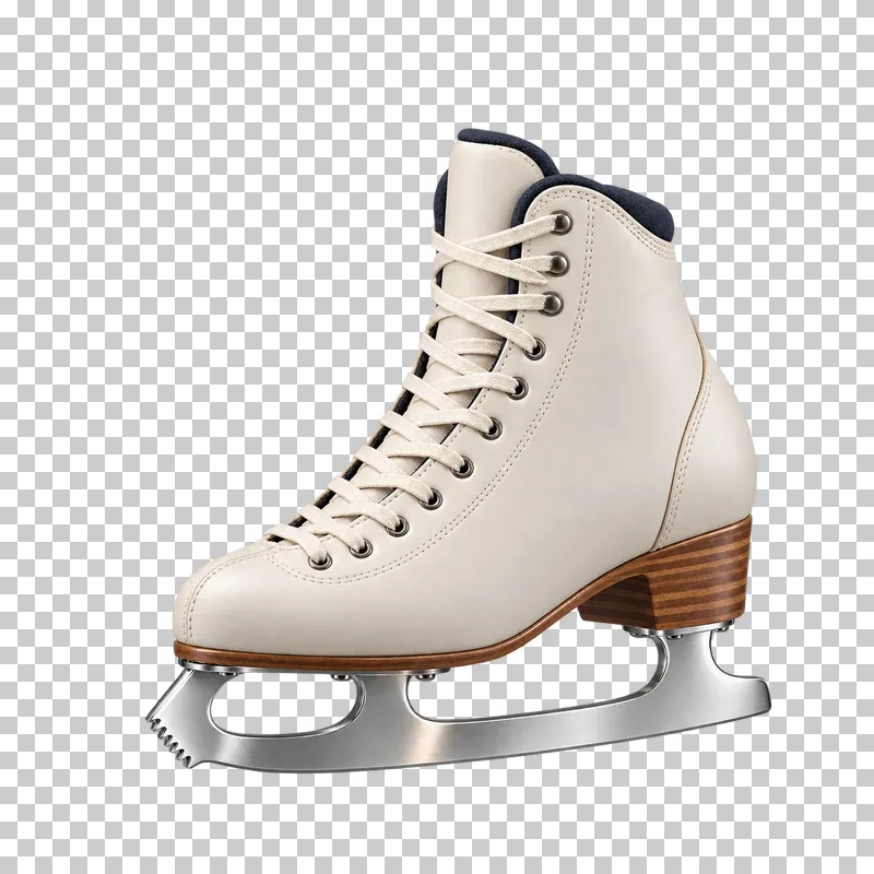 One ivory leather figure boot with heel on a steel blade. A front toe pick and connected front/rear stanchions are visible.