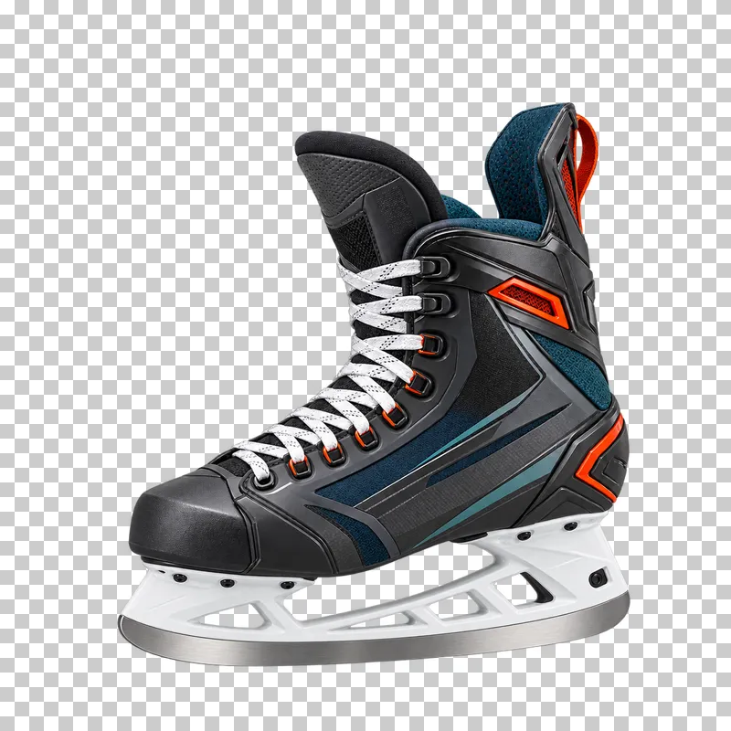 One rigid composite hockey boot with tendon guard and laces on a molded white holder carrying a curved steel runner without toe pick.