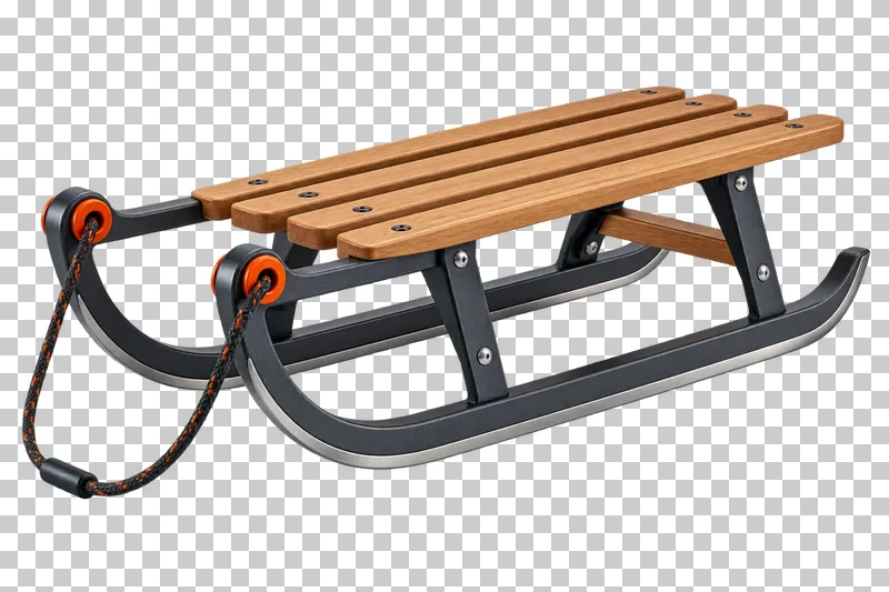 One wooden slatted sled above exactly two curved metal runners, supported by attached uprights/bracing. Pull rope ties into both front runner loops.