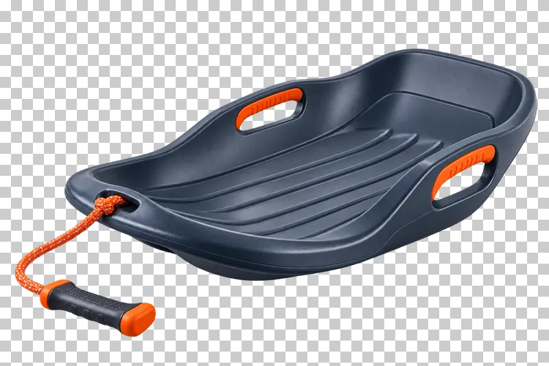 One continuous molded shallow tray with raised rim, integrated grip openings and attached front pull rope/handle.