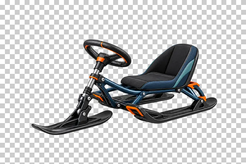 One seated snow racer with connected metal chassis, exactly two rear skis and one front steering ski. Steering wheel, column and fork connect to the front ski; seat supports and rear uprights join the frame.
