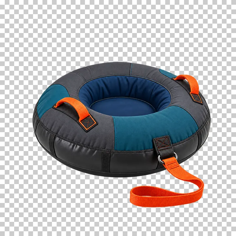 One thick fabric-covered inflatable snow tube with a closed central seat well, exactly two sewn handles and an attached tow strap/D-ring assembly.