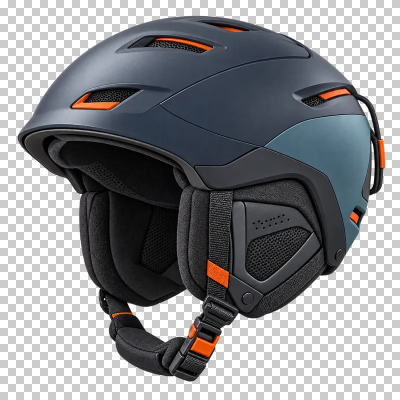 One compact snow helmet with padded ear pieces, controlled shell vents, attached chin strap/buckle and a rear goggle retainer. No attached goggles.
