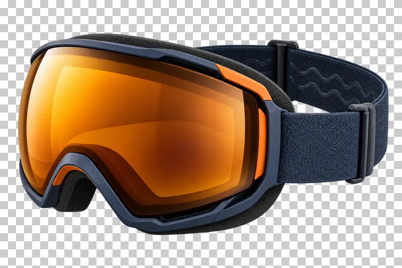 One continuous curved amber lens in a foam-backed frame and complete broad elastic strap with adjusters. Lens remains visibly present on all backgrounds; no scenery reflection.