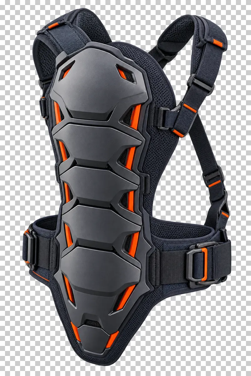 One narrow segmented outer spine panel on mesh backing, with two attached shoulder loops and connected waist belt. Not a generic vest or chest protector.