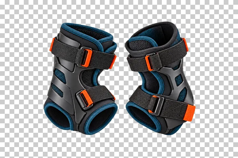 Exactly two complementary palm-and-wrist splint guards, connected straps, cuff openings and thumb-side openings. No hands or gloves.