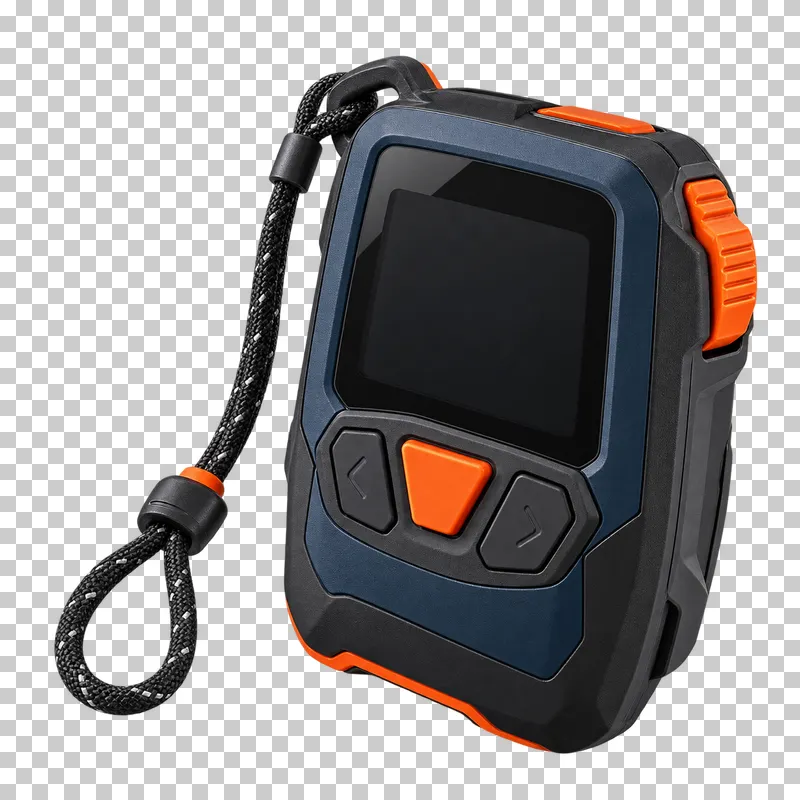 One compact high-visibility transceiver with plain dark screen, physical buttons, side switch and attached tether through its case loop. No readings or text.