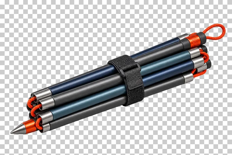 One folded bundle of metal probe sections linked by a continuous visible cord, a single pointed tip and a securing strap. Not separate decorative rods.
