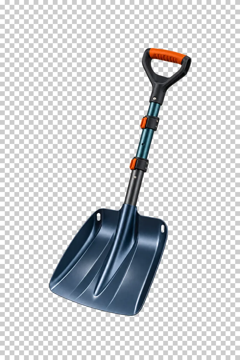 One assembled broad concave snow blade attached to a telescoping shaft and D grip. No serrations or folding entrenching hinge.
