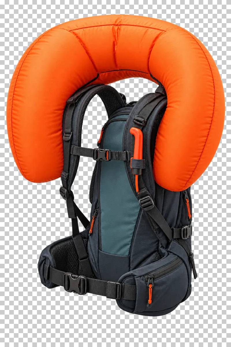 One compact backpack with a single continuous deployed horseshoe airbag above and beside its shoulders, attached harness/hip belt, sternum buckle and shoulder-mounted trigger handle with visible cable.