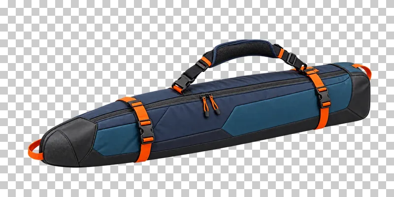 One closed long narrow padded ski sleeve with tapered nose, zipper, attached shoulder handle and compression straps. No protruding skis.
