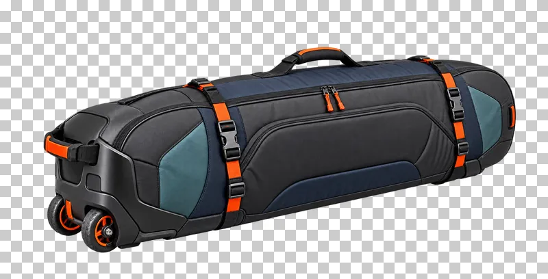 One closed broad board-contoured case with binding-depth gusset, reinforced end panel, exactly two attached wheels and grab/carry handles.