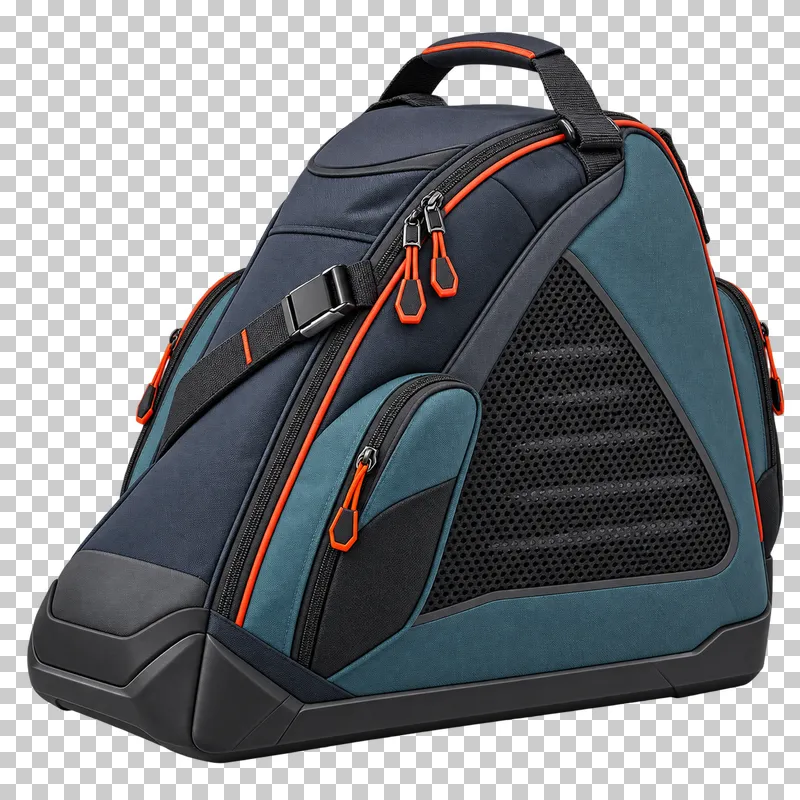 One closed triangular boot bag with dedicated shaped side volume, ventilated mesh, reinforced base and top carry handle.